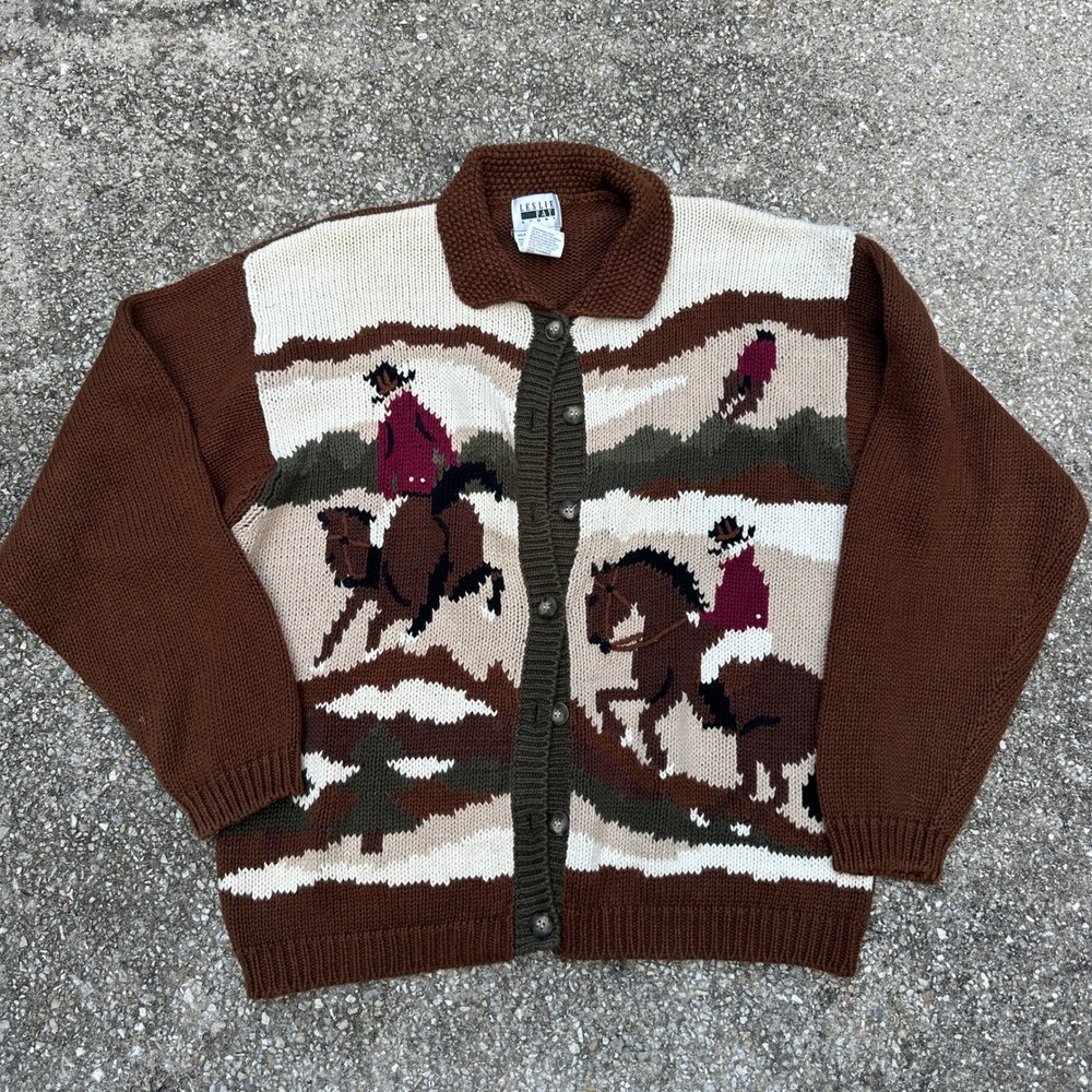 Vtg 90s Leslie Fay Sport Vintage Equestrian Horse Scenic Knit Cardigan Brown M